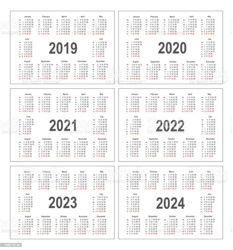 Simple Calendar For 2019 2020 2021 2022 2023 And 2024 Years Stock