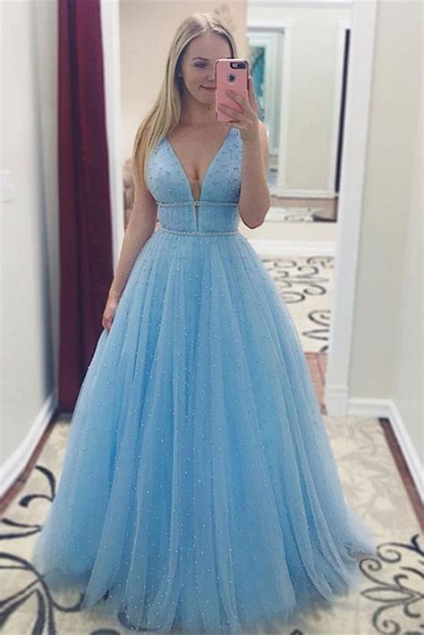 A Line V Neck Tulle Long Light Blue Prom Dress With Beadings V Neck L