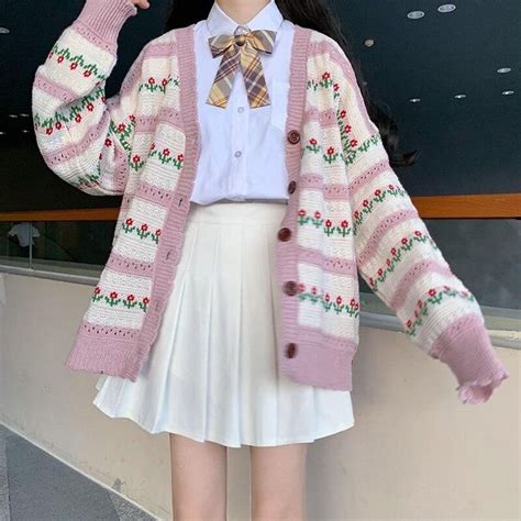 Kawaii Girl Flower Loose Cardigan Sweater Kawaii Fashion Outfits Loose Cardigan Sweater