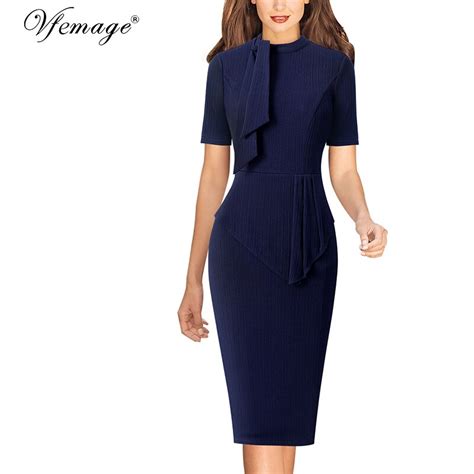 Vfemage Women Vintage Bow Tie Neck Asymmetrical Peplum Slim Fitted Work Business Office Party