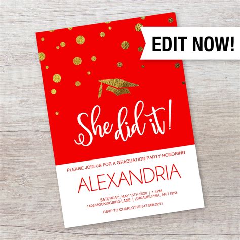 She Did It Graduation Invitation Red And Gold Instant Etsy