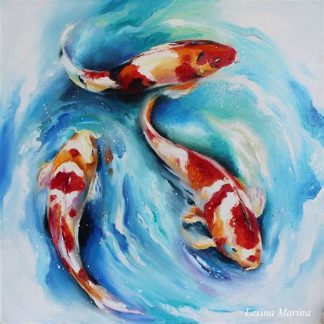 Koi fish oil painting on canvas Сarp original art 20 20 inch Koi Fish