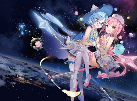 Wallpaper Pink Hair Staff Galaxy Smiling Stars Meganekko Anime