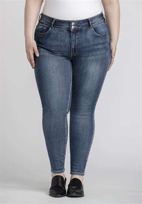 Women's Plus Size Stacked Button Mid Wash Skinny Jeans | Warehouse One