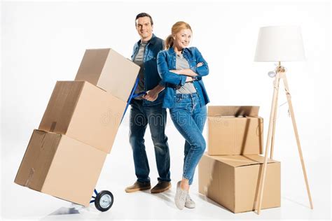 Couple Moving Cardboard Boxes On Hand Cart Stock Photo Image Of