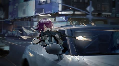 Anime Girl Rifle Shooting Exusiai Arknights 4k 6540 Wallpaper