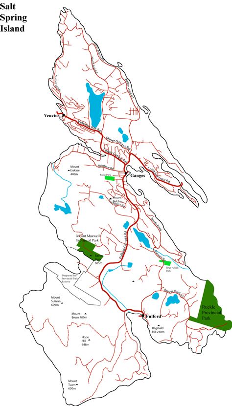 Las regiones y las ciudades de la lista, con marcada en los centros. Salt Spring Island Map