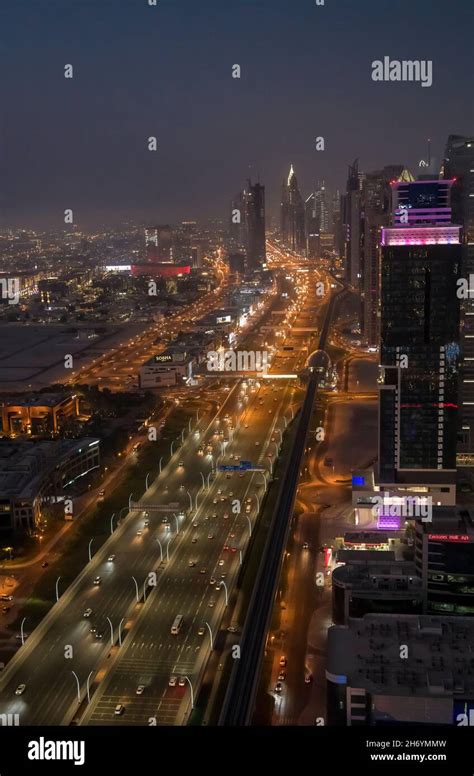 Sheikh Zayed Road At Night Dubai Uae Stock Photo Alamy