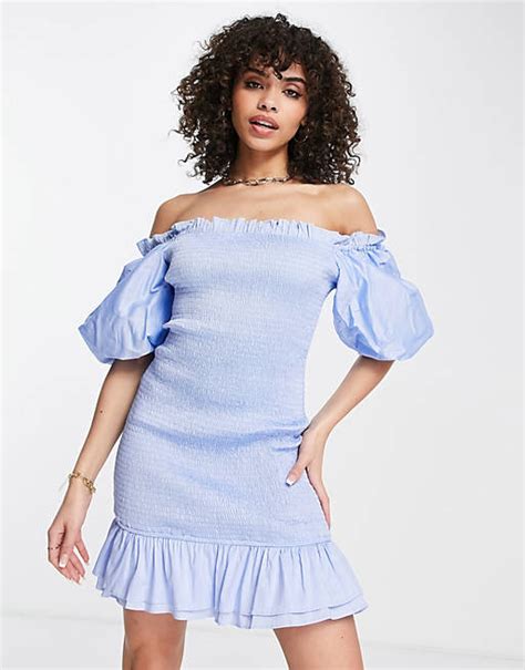 Missguided Shirred Puff Sleeve Frill Hem Mini Dress In Blue Asos