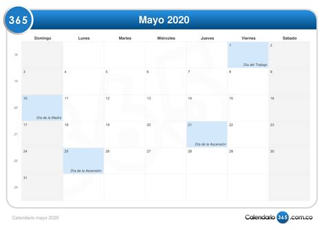 Mes Dias Festivos Calendario Mayo 2020