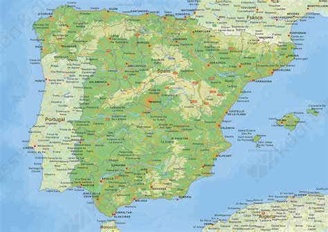 Spanje is het grootste land op het iberisch schiereiland in het zuidwestelijke deel van europa. Digitale Natuurkundige landkaart Spanje 1465 | Kaarten en ...