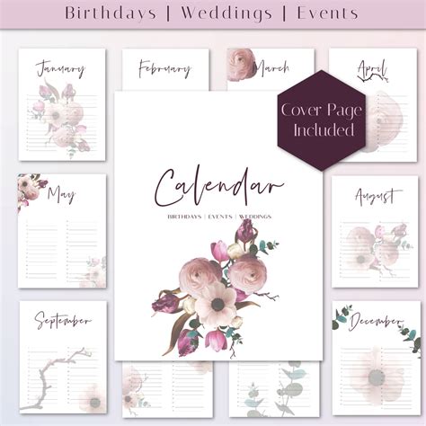 PRINTABLE Calendar Printable Pink Floral Calendar Flower Design Wall Calendar Guest Book