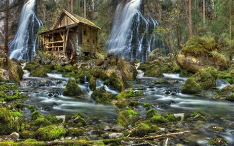 River Forest Waterfalls A Water Mill Stones Moss Nature Landscape