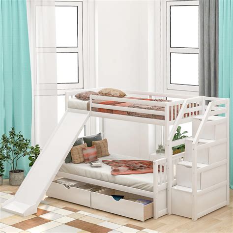 Buy Merax Lumisol Twin Over Full Bunk Bed With Slide Solid Wood Bunk