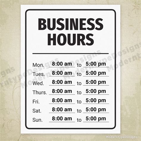 Business Hours Printable Sign Editable Moderntype Designs
