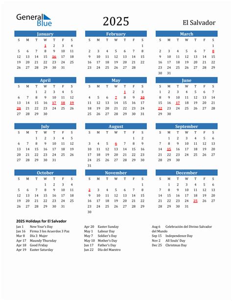 El Salvador 2025 Calendar With Holidays