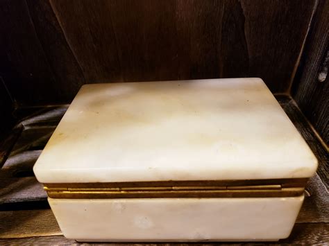 1960s White Marble Box With Lid And Brass Trim