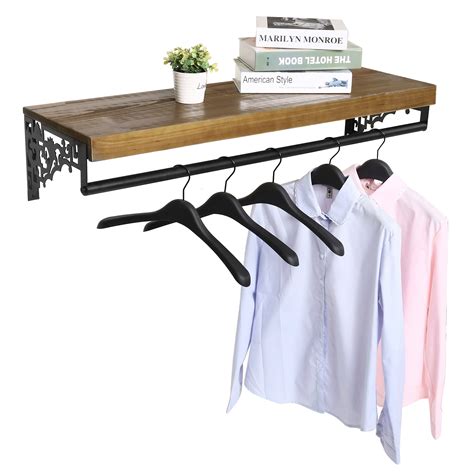 Mywall Mounted Wood And Metal Floating Shelf W Garment Hanger Rod