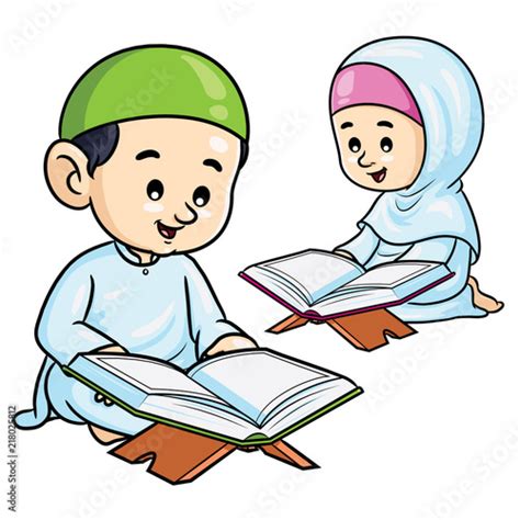 Illustration Of Cute Cartoon Moslem Kids Reading Quran Stock Vector