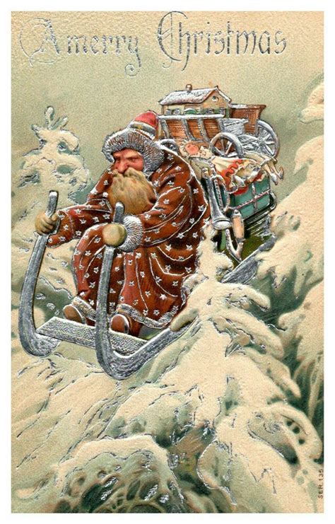Rare~brown Robe~santa Claus On Sled~sleigh~snow~antique Christmas