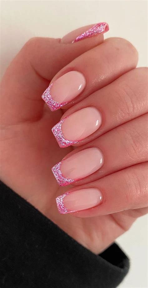 Pretty Sparkly Pink French Nails Glittery Pink Tip Nails