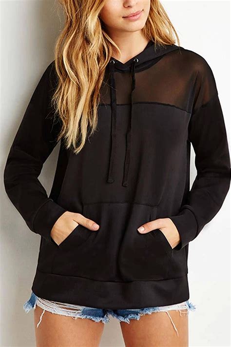 sheer black hoodie fashion athletic inspired black hooded sweatshirt with sheer mesh inserts