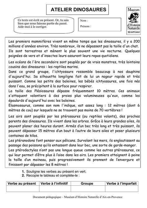 N'oubliez pas de faire les accords si nécessaire ! CM1-Texte au passe PDF - Muséum d`histoire naturelle d` Aix