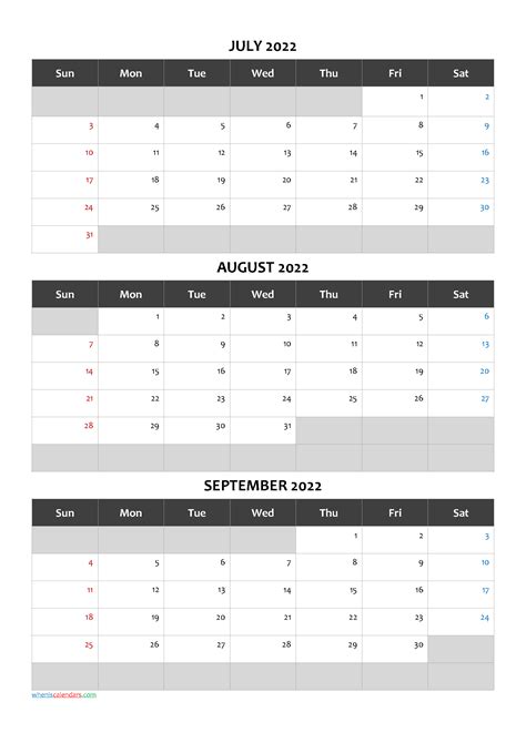 Printable Calendar July August September 2022 Q1 Q2 Q3 Q4