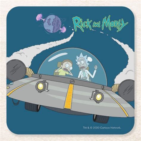 Rick And Morty Flying Off In Space Ship Square Paper Coaster