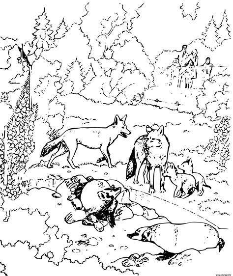 Coloriage Famille De Loups Dans Un Zoo Parc Animaux