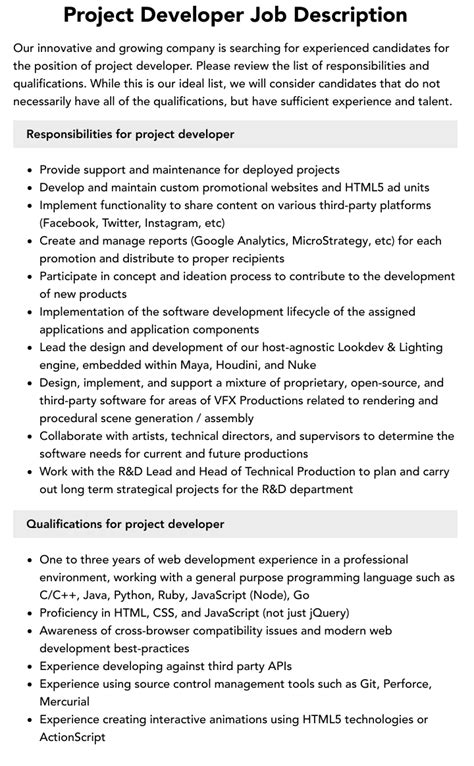 Project Developer Job Description Velvet Jobs