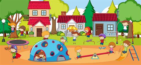 Playground Scene With Many Kids Doodle Cartoon Character 2374886 Vector