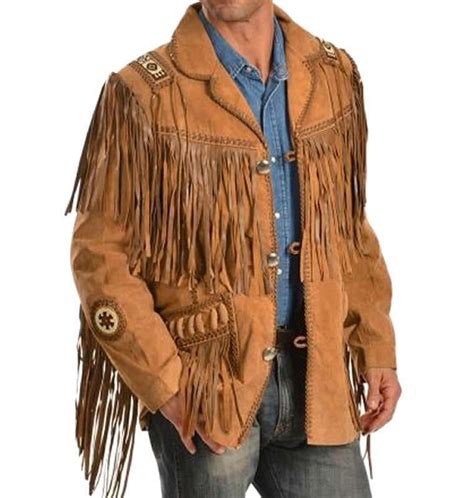 Mens Brown Traditional Western Leather Jacket Coat With Fringe Bone