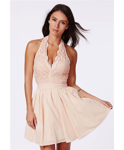 Missguided Nurit Halterneck Lace Detail Puffball Mini Dress In Nude In Natural Lyst