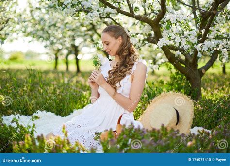 The Beautiful Girl The Blonde In The Blossoming Apple Trees Garden Stock Image Image Of White