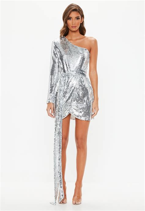 Lyst Missguided Peace Love Silver Sequin One Shoulder Wrap Mini Dress In Metallic