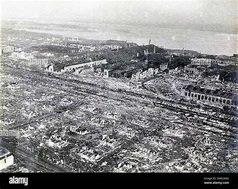 An Aeriel View Of The Destroyed City Of Stalingrad With The River