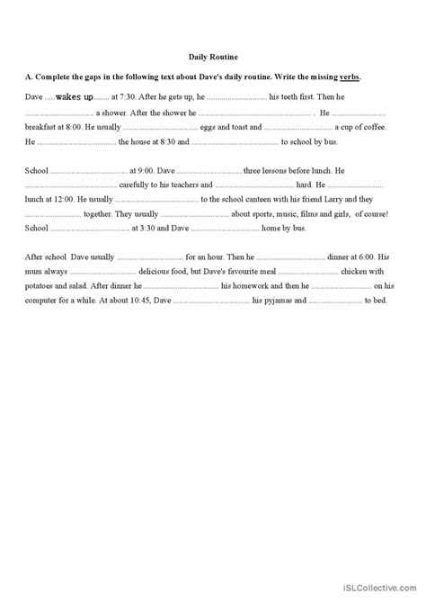 Dave S Daily Routine General Gramma English Esl Worksheets Pdf Doc