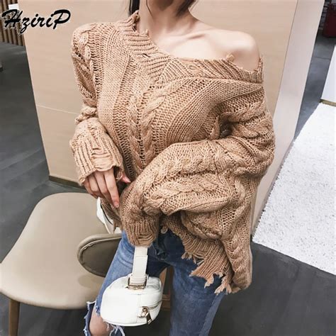 Hzirip 2018 Knitted Twist Sweater Women Autumn Winter Fashion V Neck Frayed Solid Black Brown