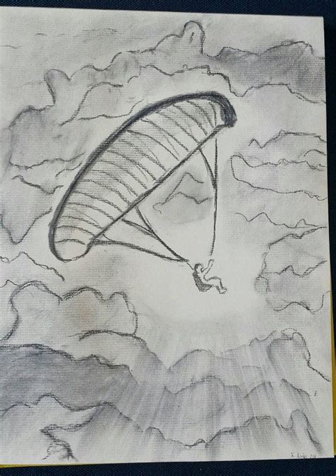 Paraglider Between The Clouds Original Charcoal Drawing Drawings
