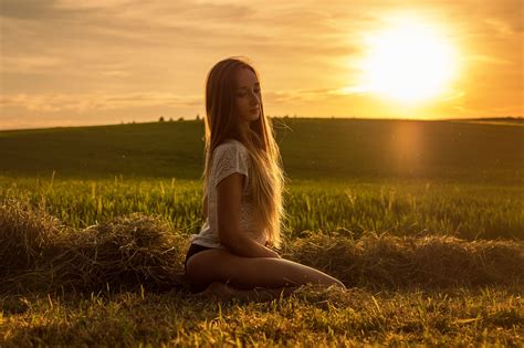 Wallpaper Blonde Black Panties Kneeling Sunset Women Outdoors Portrait Long Hair