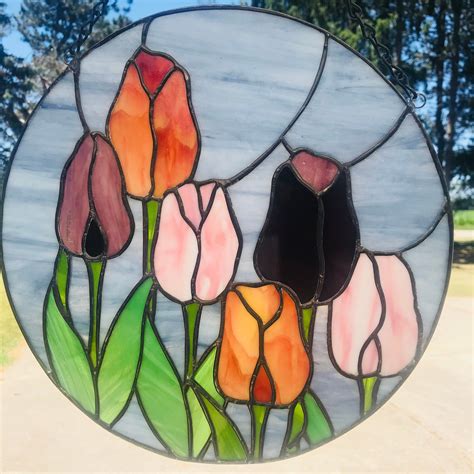 Stained Glass Round Colorful Tulips In A Blue Sky Etsy Stained