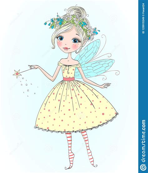 Hand Drawn Beautiful Cute Little Fairy Girl With A Magic Wand Stock