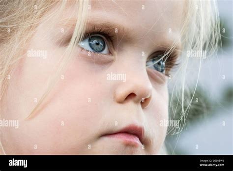 Closeup Shot Of Face And Blue Eyes Of A Beautiful Blond Girl Looking