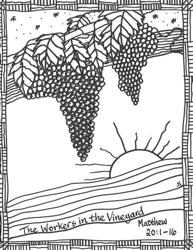 A man who owned a vineyard went to the city one day to hire a couple of men for a day's work. Ordinary 25A bulletin cover - Vineyard - Stushie Art