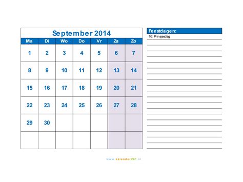 kalender september  met weeknummers en feestdagen