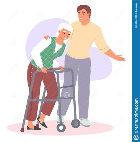 Caregiver Assist Old Woman Patient Flat Vector Royalty Free Cartoon