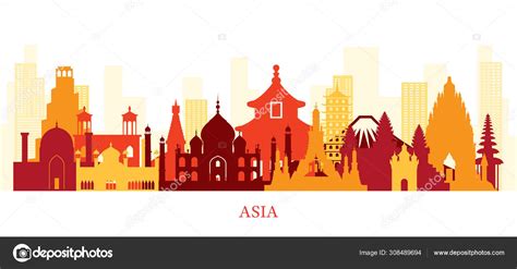 Asia Skyline Silhouette With Different Landmarks Vector Illustration