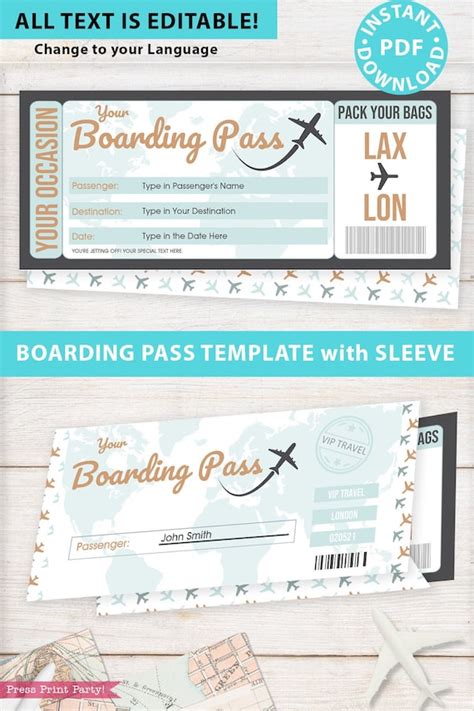 Boarding Pass Template W Holder Editable Text Printable Etsy
