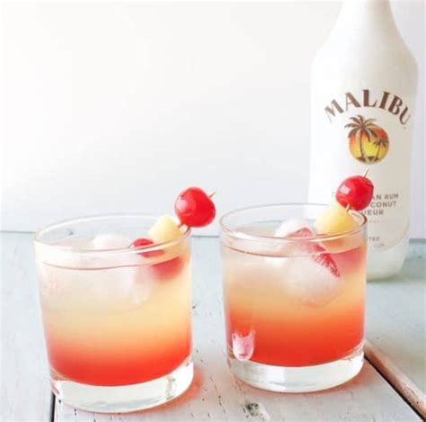 Pineapple, maraschino cherries, coconut rum, pineapple orange juice and 3 more. MALIBU SUNSET COCKTAIL MIXED DRINKS #Cocktail #Drinks